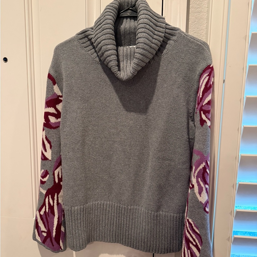 CAbi Eden Cowl Neck Sweater Size M Gray Floral Sleeve Fall 2019
